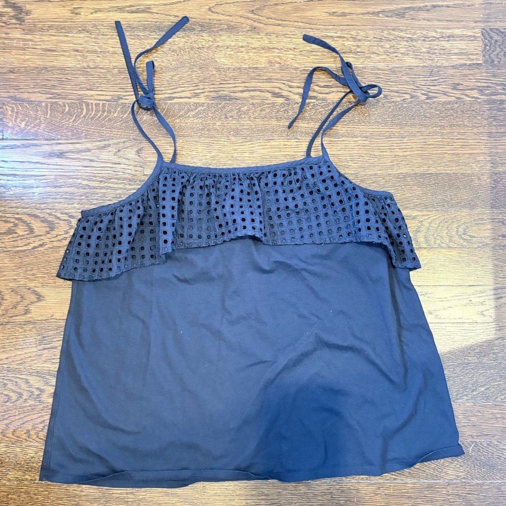 Loft top with eyelet ruffle and tie shoulder detail